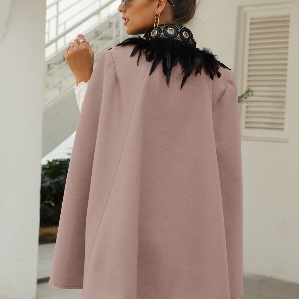 Grey Feather Trim Open Front Cape Jacket - Picture 9 of 11
